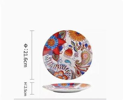 Bohemian Underglaze Ceramic Bowls Round Floral Design Artisanal Dinnerware Set For Everyday Table Decor by null