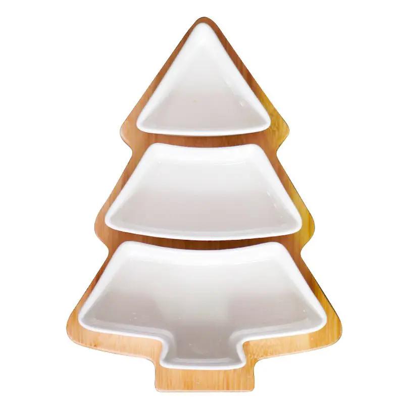 4 Piece Christmas Tree Ceramic Plates Set With Bamboo Stand For Holiday Serving Decoration And Gift by null
