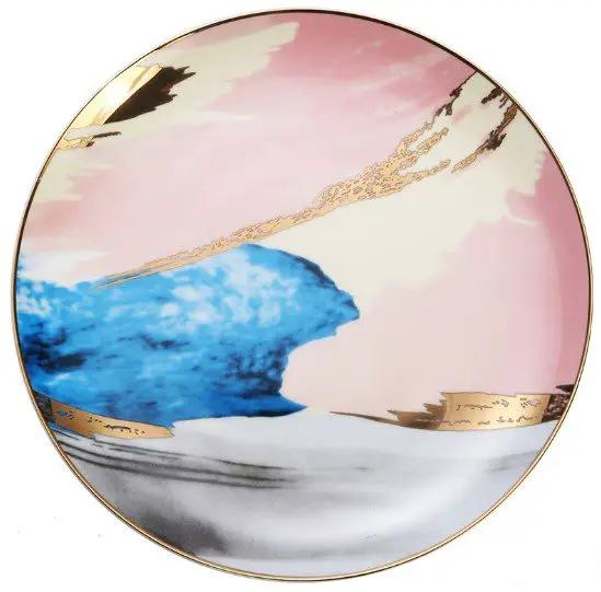 Watercolor Porcelain Dessert Plates With Gold Edge Trim For Elegant Table Setting And Fine Dining by null