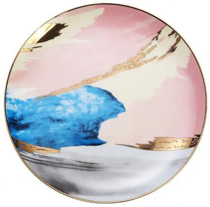 Watercolor Porcelain Dessert Plates With Gold Edge Trim For Elegant Table Setting And Fine Dining by null