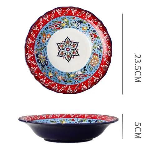 Bohemian Underglaze Ceramic Bowls Round Floral Design Artisanal Dinnerware Set For Everyday Table Decor by null