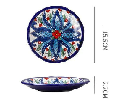 Bohemian Underglaze Ceramic Bowls Round Floral Design Artisanal Dinnerware Set For Everyday Table Decor by null