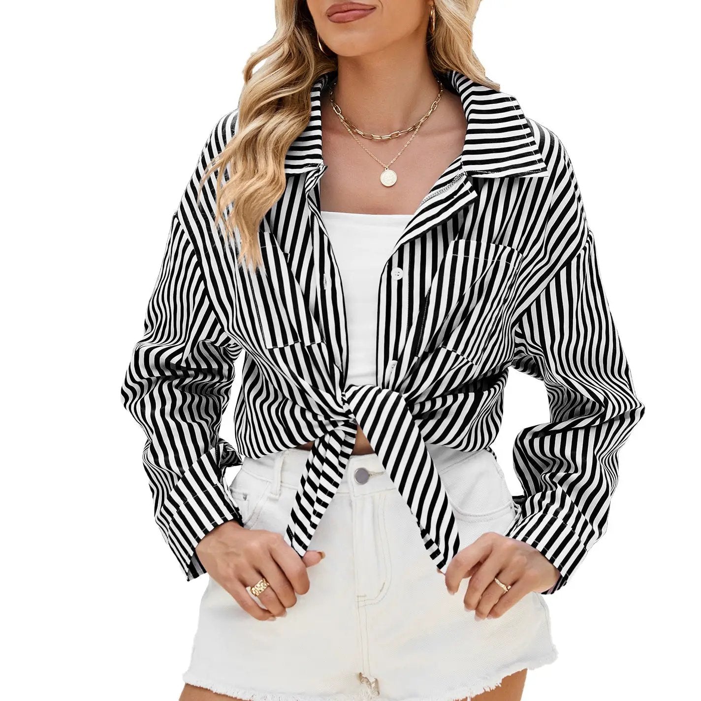 Fashion Striped Long Sleeve Shirt With Pockets Casual Loose Single-breasted Button Top Women Clothing by Zeny Home & Beauty