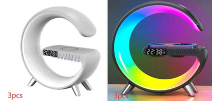 G-shaped LED lamp with Bluetooth speaker, wireless charger and app control; RGB ring light for bedside or desk.