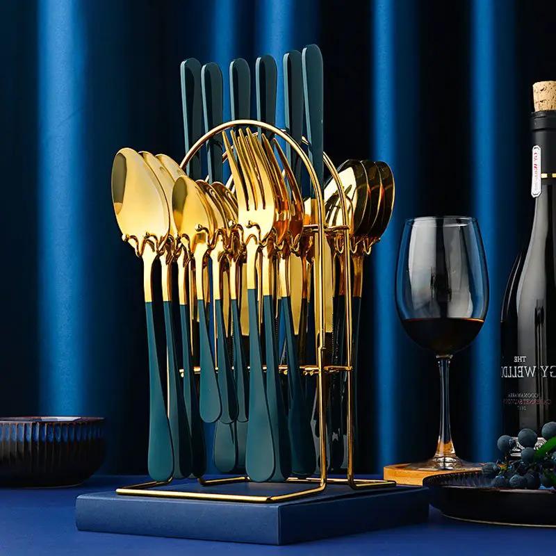24 Piece Stainless Steel Dinnerware Set With Storage Rack Service For Six Tarnish Resistant And Corrosion Resistant by null
