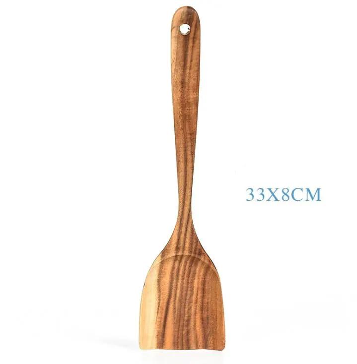 Teak Natural Wood Tableware Utensil Set With Spatulas Ladle Colander Rice Spoon And Soup Spoons by null
