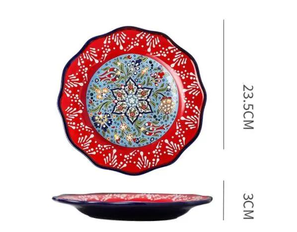 Bohemian Underglaze Ceramic Bowls Round Floral Design Artisanal Dinnerware Set For Everyday Table Decor by null