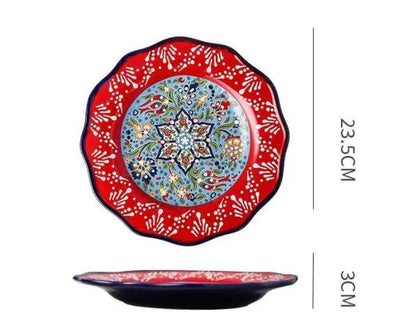 Bohemian Underglaze Ceramic Bowls Round Floral Design Artisanal Dinnerware Set For Everyday Table Decor by null