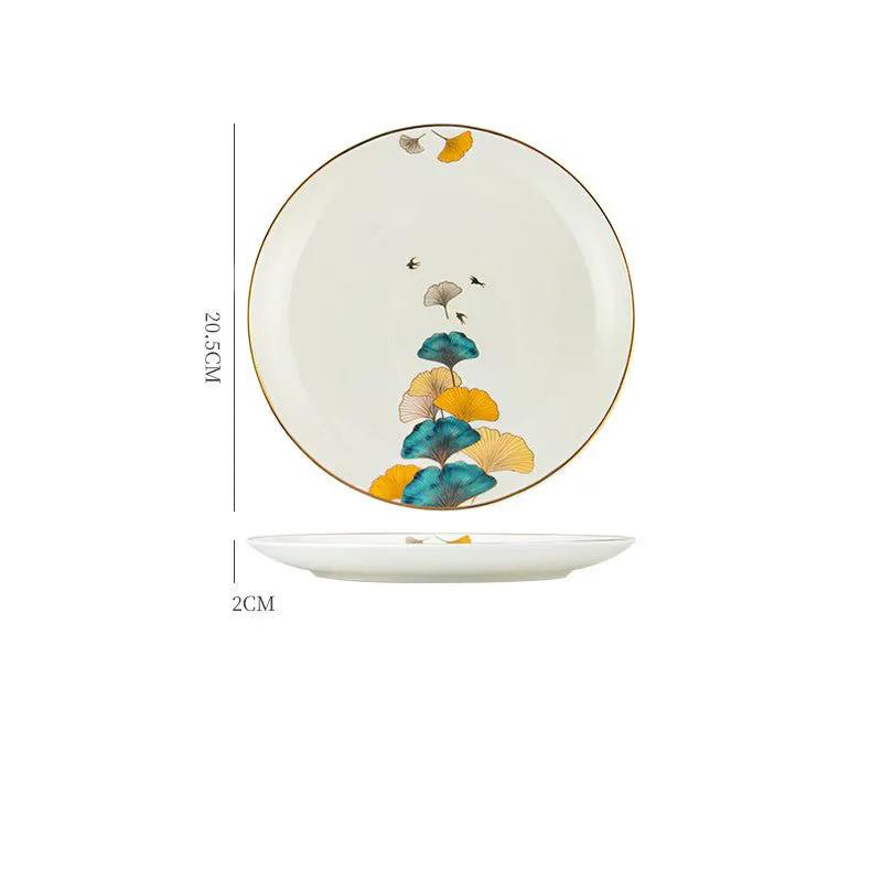 Nordic Style Porcelain Dinner Plates Set Ceramic Round Plates With Plants And Flowers Design by null