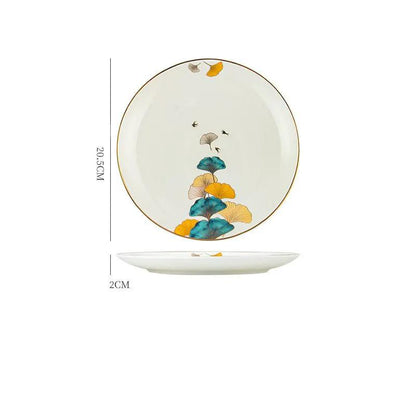 Nordic Style Porcelain Dinner Plates Set Ceramic Round Plates With Plants And Flowers Design by null