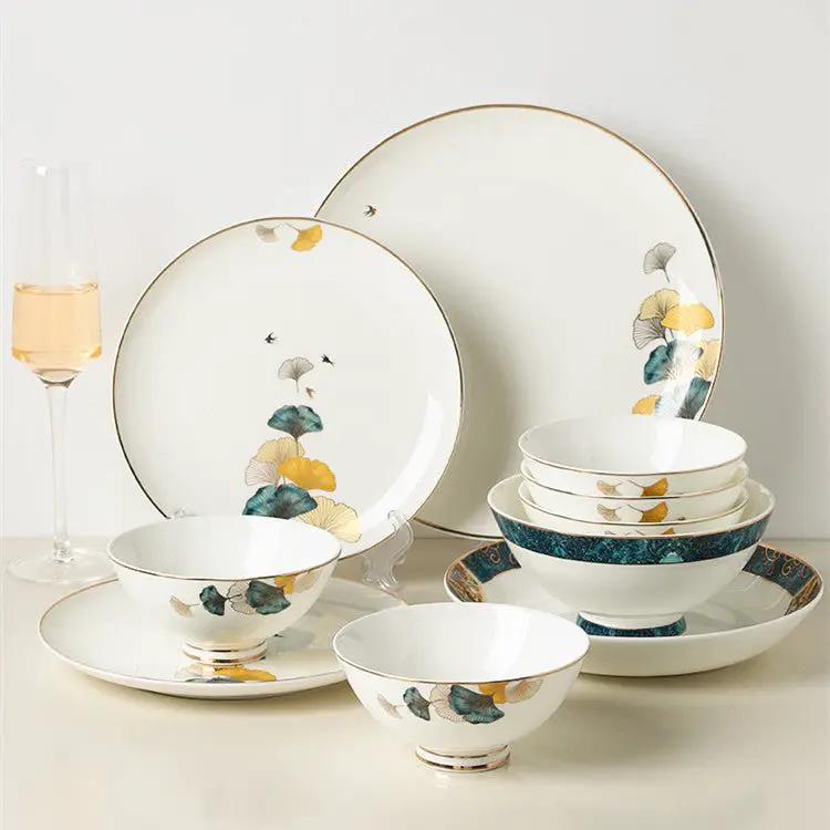 Nordic Style Porcelain Dinner Plates Set Ceramic Round Plates With Plants And Flowers Design by null