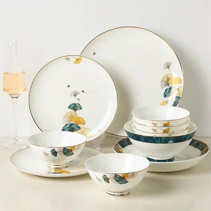 Nordic Style Porcelain Dinner Plates Set Ceramic Round Plates With Plants And Flowers Design by null