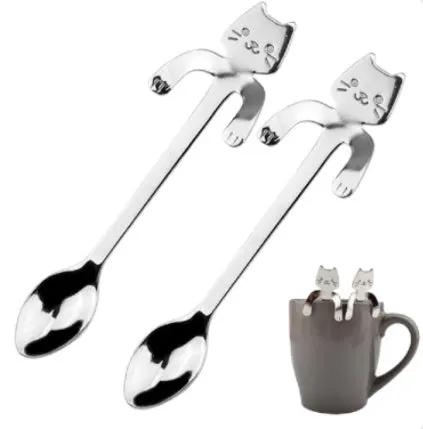 304 Stainless Steel Cat Handle Coffee Spoon With Hanging Hole Cartoon Design Colorful Options by null