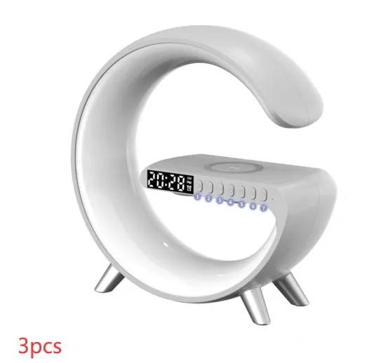 G-shaped white LED lamp with Bluetooth speaker, wireless charger, and app control; digital clock, 3-leg base.
