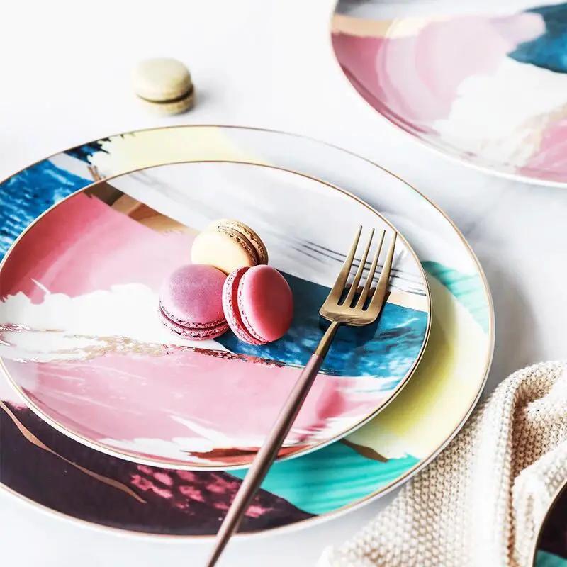 Watercolor Porcelain Dessert Plates With Gold Edge Trim For Elegant Table Setting And Fine Dining by null