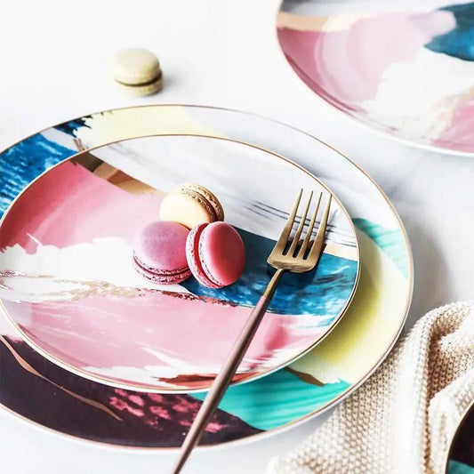Watercolor Porcelain Dessert Plates With Gold Edge Trim For Elegant Table Setting And Fine Dining by null