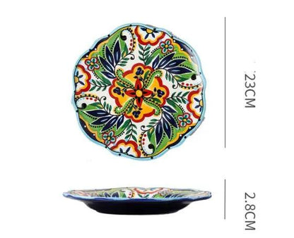Bohemian Underglaze Ceramic Bowls Round Floral Design Artisanal Dinnerware Set For Everyday Table Decor by null