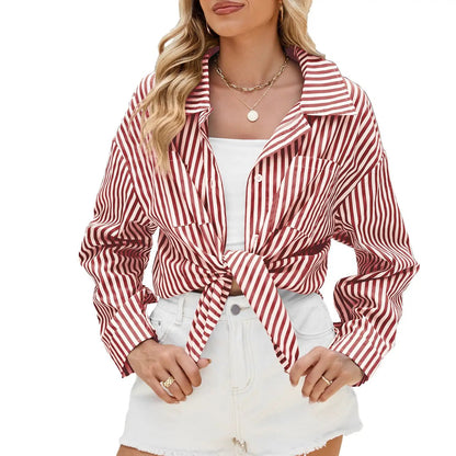 Fashion Striped Long Sleeve Shirt With Pockets Casual Loose Single-breasted Button Top Women Clothing by Zeny Home & Beauty