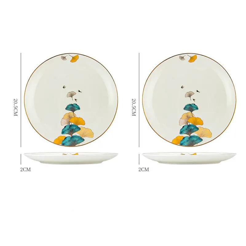 Nordic Style Porcelain Dinner Plates Set Ceramic Round Plates With Plants And Flowers Design by null