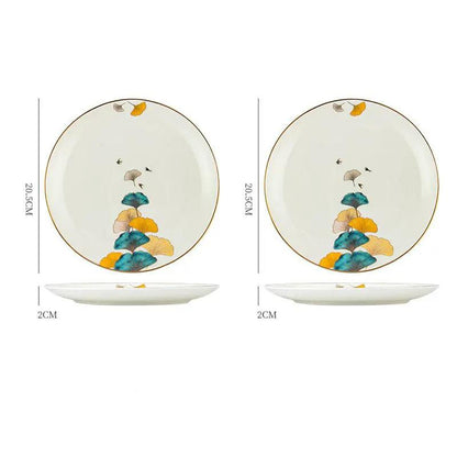 Nordic Style Porcelain Dinner Plates Set Ceramic Round Plates With Plants And Flowers Design by null