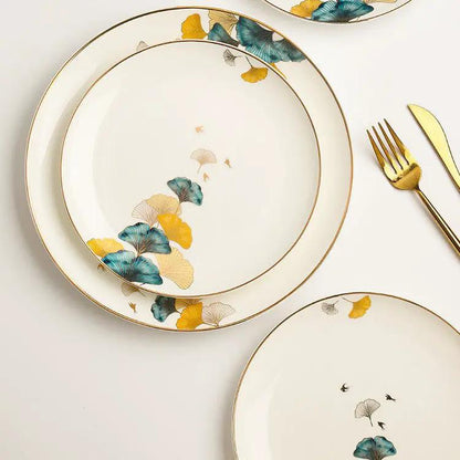Nordic Style Porcelain Dinner Plates Set Ceramic Round Plates With Plants And Flowers Design by null