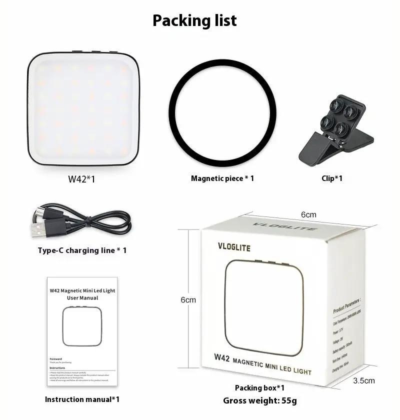 W42 Mini Fill Light For Mobile Phone Magnetic Clip On Live Streaming Light With Built In Battery 5.7cm Size by null