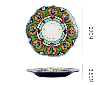 Bohemian Underglaze Ceramic Bowls Round Floral Design Artisanal Dinnerware Set For Everyday Table Decor by null