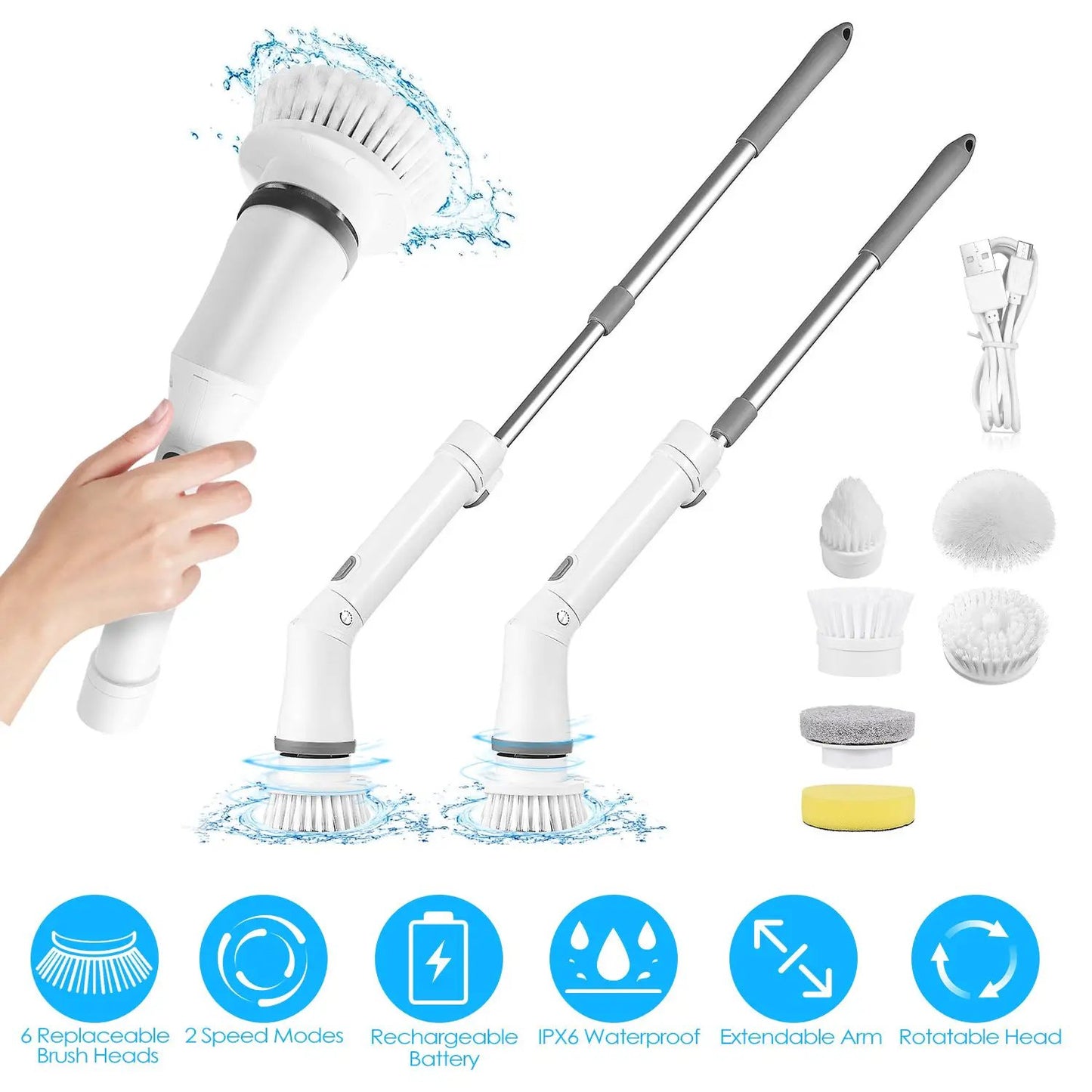 Electric Spin Scrubber Cordless Rechargeable Telescopic Cleaning Brush With 6 Replaceable Heads And Dual Speed by null