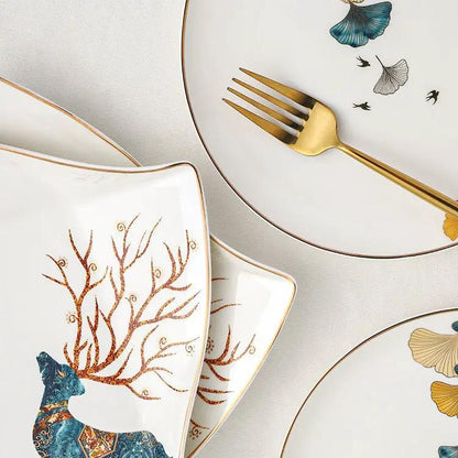 Nordic Style Porcelain Dinner Plates Set Ceramic Round Plates With Plants And Flowers Design by null