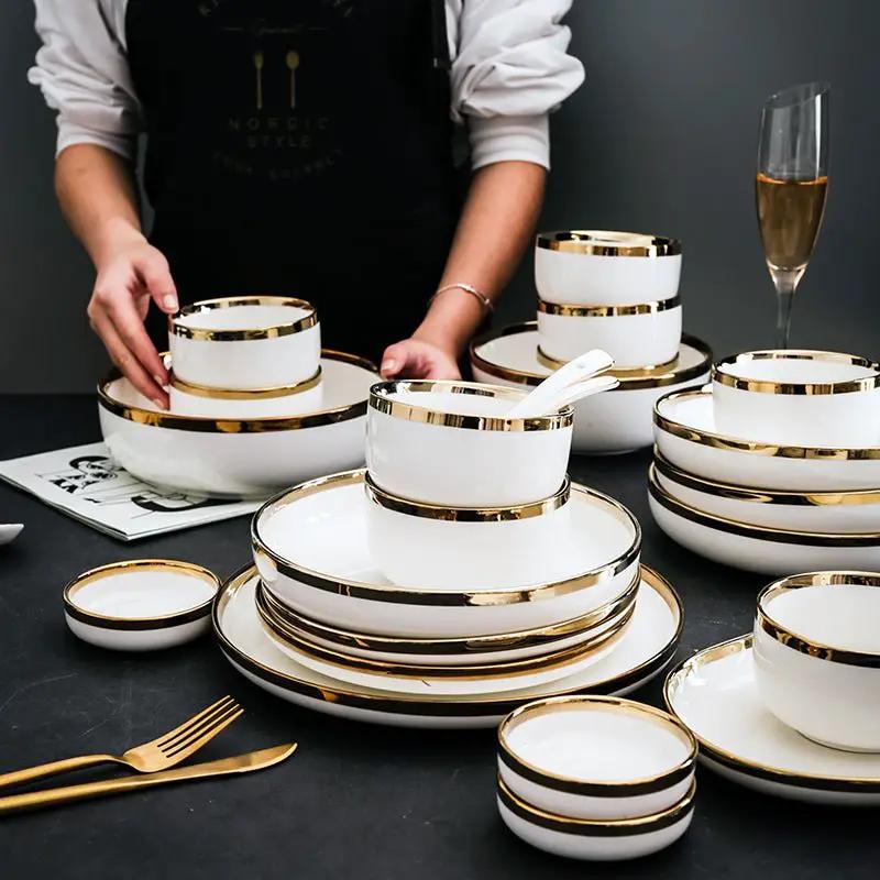 Porcelain Wedding Gifts Set Platinum Bowls And Plates With Gold Trim 4.5 Inch Bowl And 8 Inch Shallow And Deep Dishes by null