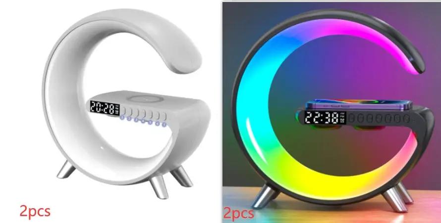 G-shaped LED lamp with Bluetooth speaker, wireless charger, and app control; white model and RGB-lit black variant.