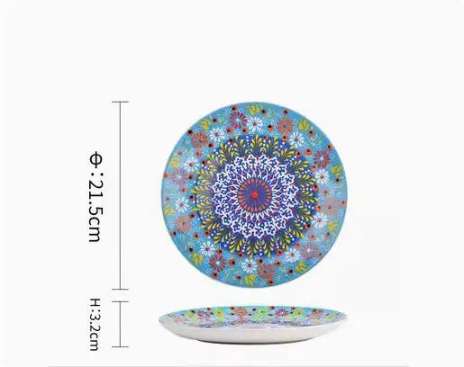 Bohemian Underglaze Ceramic Bowls Round Floral Design Artisanal Dinnerware Set For Everyday Table Decor by null