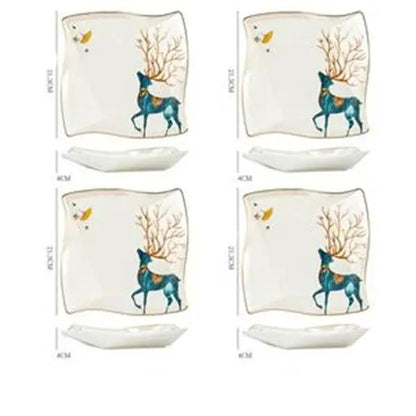 Nordic Style Porcelain Dinner Plates Set Ceramic Round Plates With Plants And Flowers Design by null