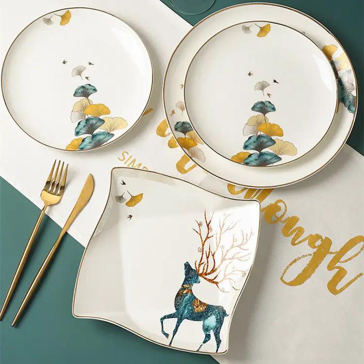 Nordic Style Porcelain Dinner Plates Set Ceramic Round Plates With Plants And Flowers Design by null