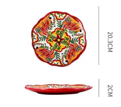 Bohemian Underglaze Ceramic Bowls Round Floral Design Artisanal Dinnerware Set For Everyday Table Decor by null