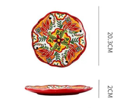 Bohemian Underglaze Ceramic Bowls Round Floral Design Artisanal Dinnerware Set For Everyday Table Decor by null