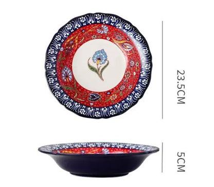 Bohemian Underglaze Ceramic Bowls Round Floral Design Artisanal Dinnerware Set For Everyday Table Decor by null