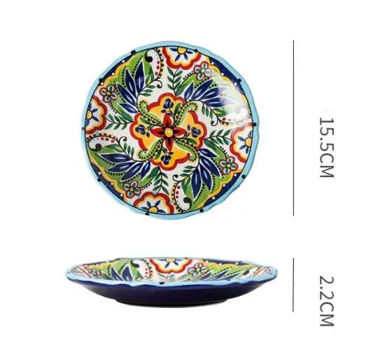 Bohemian Underglaze Ceramic Bowls Round Floral Design Artisanal Dinnerware Set For Everyday Table Decor by null