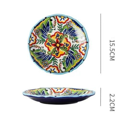Bohemian Underglaze Ceramic Bowls Round Floral Design Artisanal Dinnerware Set For Everyday Table Decor by null