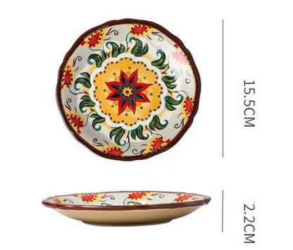 Bohemian Underglaze Ceramic Bowls Round Floral Design Artisanal Dinnerware Set For Everyday Table Decor by null