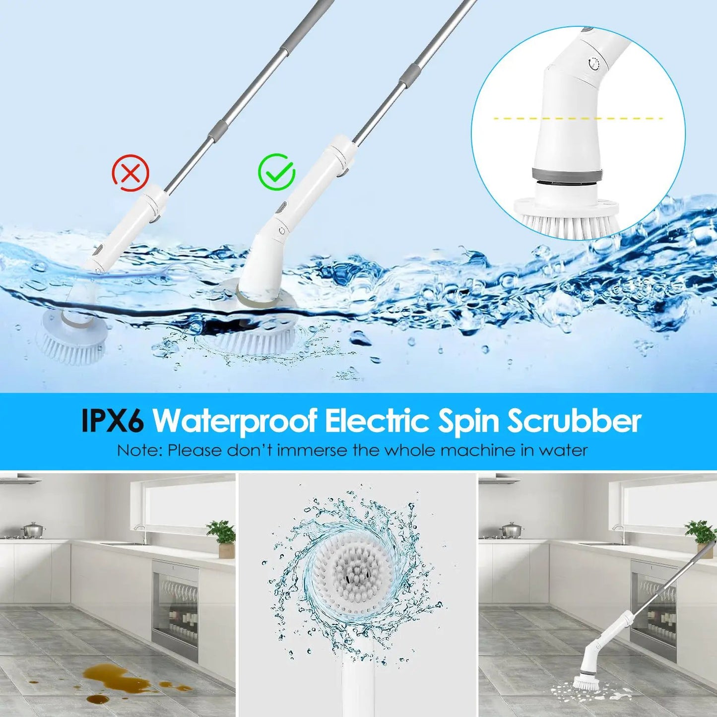 Electric Spin Scrubber Cordless Rechargeable Telescopic Cleaning Brush With 6 Replaceable Heads And Dual Speed by null