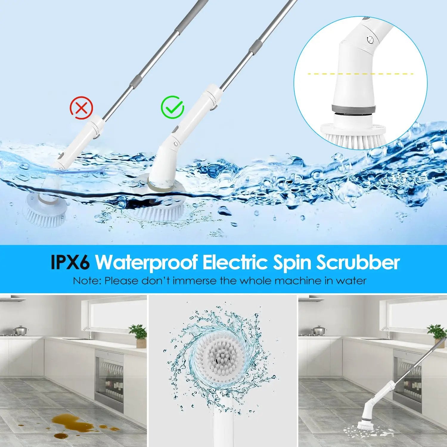 Electric Spin Scrubber Cordless Rechargeable Telescopic Cleaning Brush With 6 Replaceable Heads And Dual Speed by null