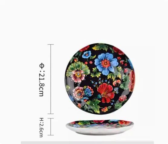 Bohemian Underglaze Ceramic Bowls Round Floral Design Artisanal Dinnerware Set For Everyday Table Decor by null