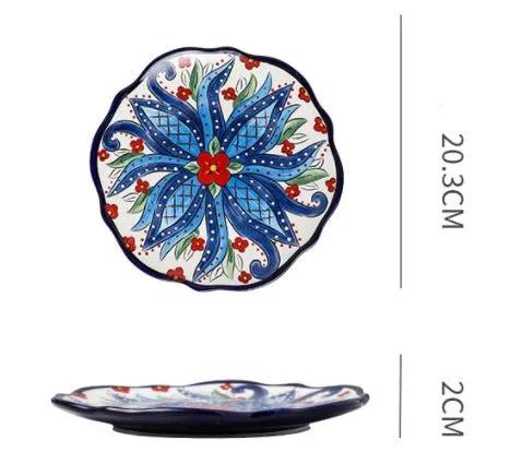 Bohemian Underglaze Ceramic Bowls Round Floral Design Artisanal Dinnerware Set For Everyday Table Decor by null